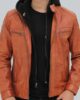 EDWARD MENS TAN LEATHER JACKET WITH HOOD 1