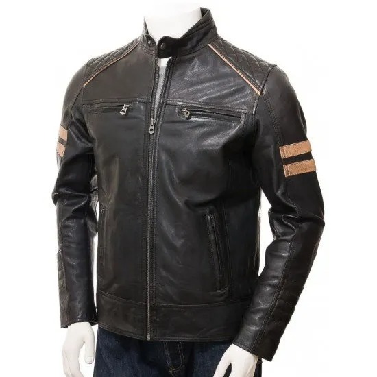 Men's Cafe Racer Striped Leather Biker Jacket - JacketsbyT