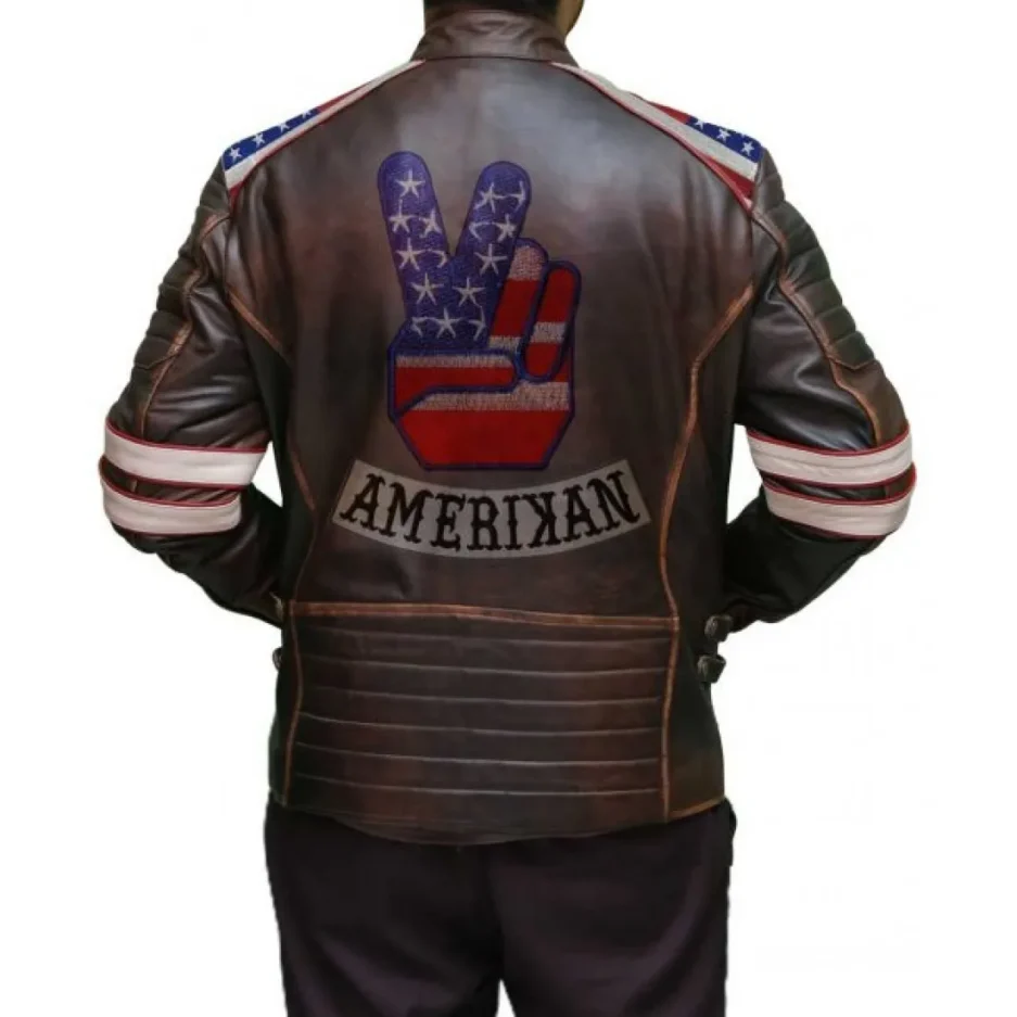 Mens American Flag Brown Leather Jacket 1