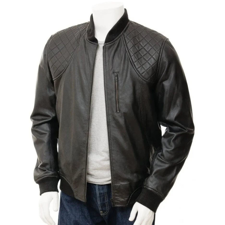 Mens Leather Bomber Jacket in Black Ferrers