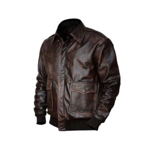Unlock Power and Style: A-2 Flight Coffee Leather Bomber Jacket" - Alt text: "A-2 Flight Coffee Leather Bomber Jacket showcased on a mannequin
