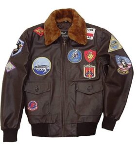 A-2 Genuine Cowhide Leather T Maverick Cruise Pilot Flight Bomber Real Leather Jacket showcased on a mannequin. 