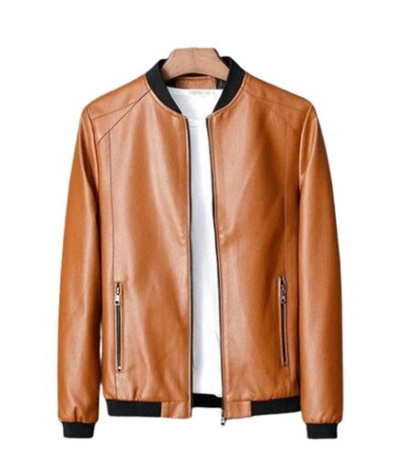 Slim Fit Leather Bomber Jacket - Front View
