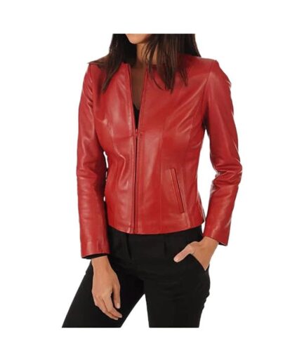 Women's Biker Real Leather Jacket - Black PU leather jacket with zipper closure and round neck.