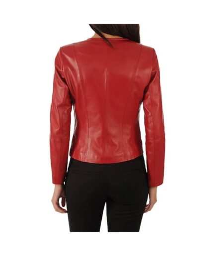 Women's Biker Real Leather Jacket - Black PU leather jacket with zipper closure and round neck.