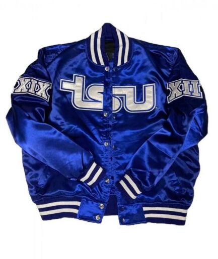 "Dominate Game Day Style with the Men’s Tennessee State University Royal Blue Varsity Jacket"