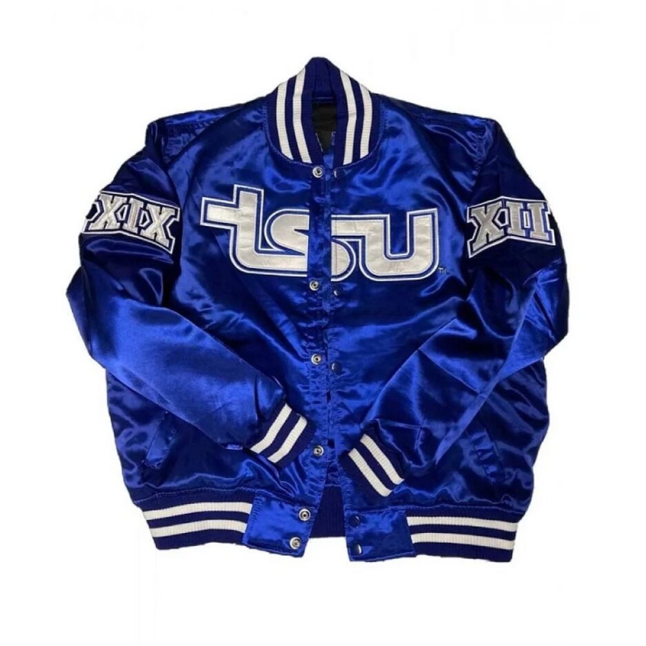 "Dominate Game Day Style with the Men’s Tennessee State University Royal Blue Varsity Jacket"