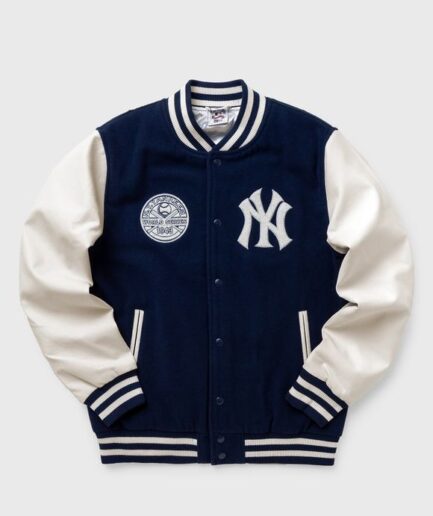 JacketsByT Wool and Faux Leather Varsity Jacket - Multi-color jacket with NY patch on front.