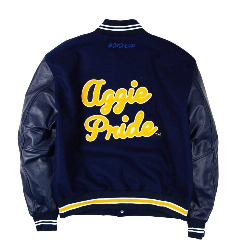 North Carolina A&T Motto 3.0 Navy & Black Wool & Leather Varsity Jacket by JacketsByT - Premium quality wool and leather jacket with university logo embroidery