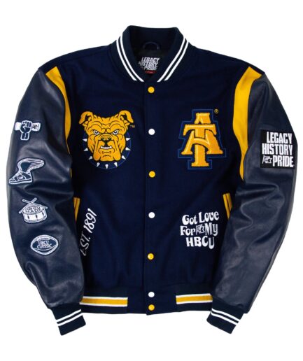 Show your North Carolina A&T pride in style with our exclusive Motto 3.0 Navy & Black Wool & Leather Varsity Jacket by JacketsByT. Crafted with premium materials and featuring university logo embroidery, this jacket is a must-have for any Aggie supporter. Perfect for showcasing your university spirit on campus or at the game