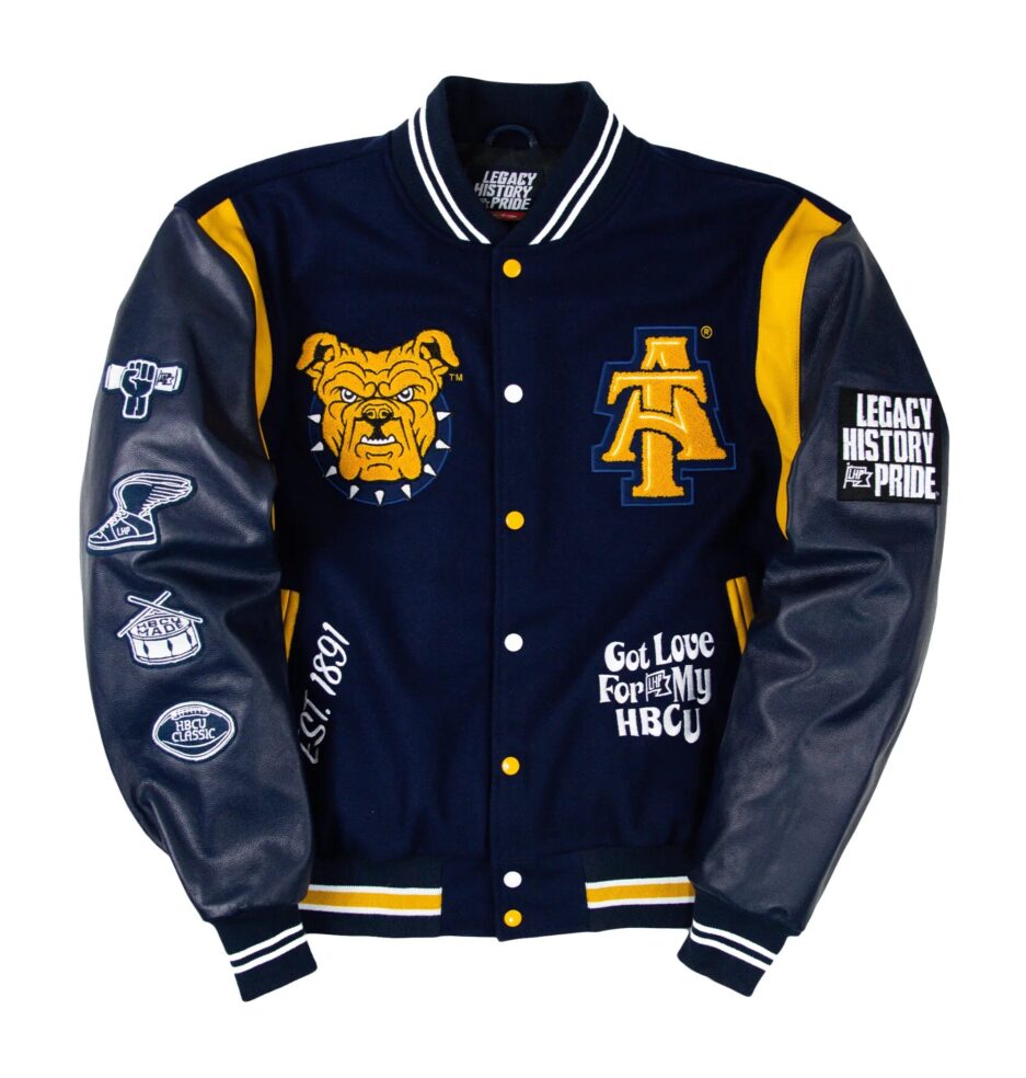 Show your North Carolina A&T pride in style with our exclusive Motto 3.0 Navy & Black Wool & Leather Varsity Jacket by JacketsByT. Crafted with premium materials and featuring university logo embroidery, this jacket is a must-have for any Aggie supporter. Perfect for showcasing your university spirit on campus or at the game