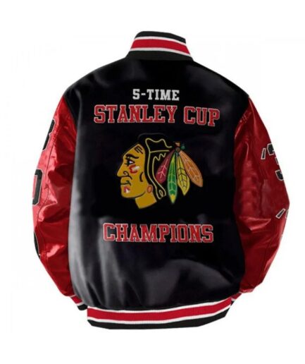 Blackhawks Stanley Champions Leather Jacket by JacketsByT - Red and black leather jacket with erect knitted collar and buttons closure