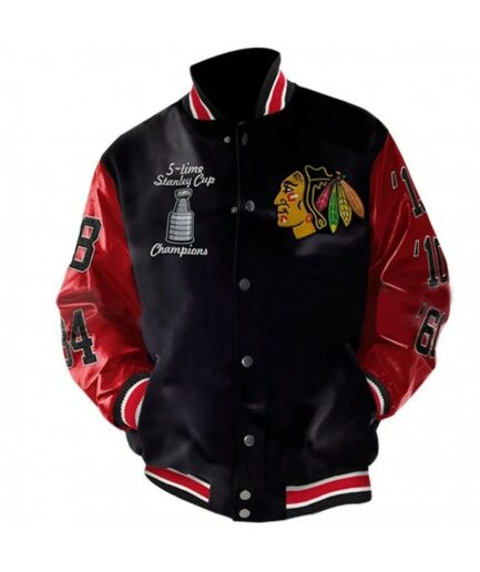 Blackhawks Stanley Champions Leather Jacket by JacketsByT - Red and black leather jacket with erect knitted collar and buttons closure