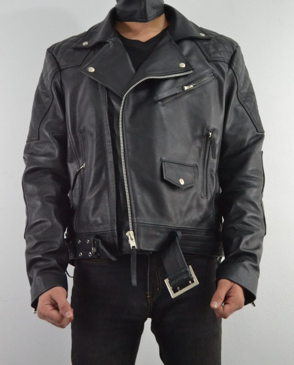 Mens Biker Quilted Side Lace up Leather Jacket