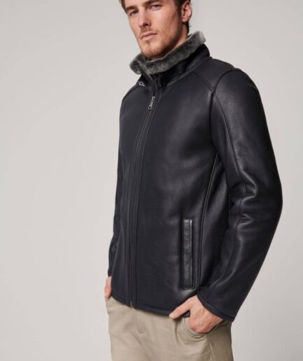 Black Sheepskin Leather Grey Fur Jacket