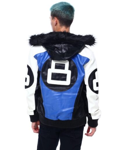 Hooded Fur Blue 8 Ball Leather Jacket