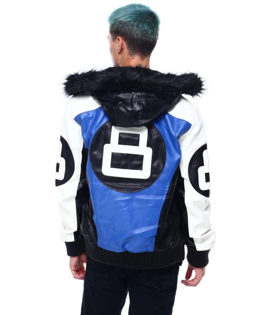 Hooded Fur Blue 8 Ball Leather Jacket