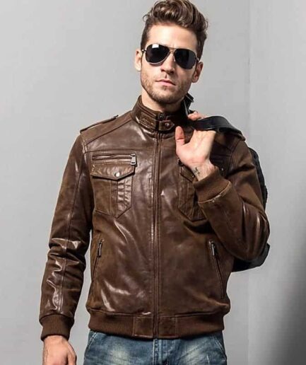 Men’s Rib Collar Brown Bomber Leather Jacket