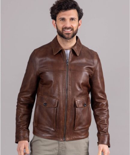 Brown Bomber Style Leather Jacket