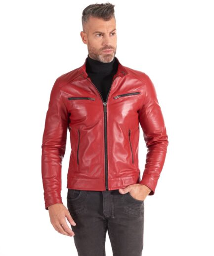 Red lamb Skin leather biker jacket