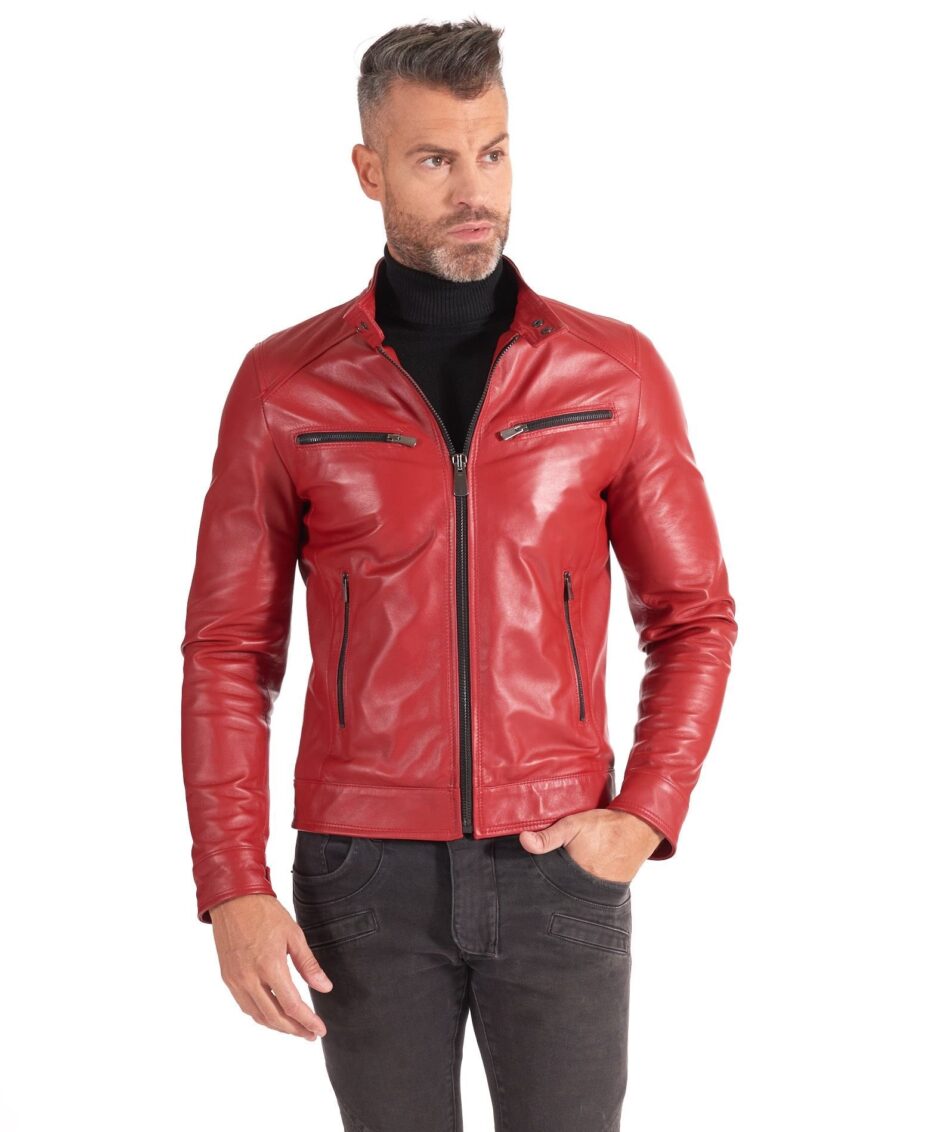 Red lamb Skin leather biker jacket