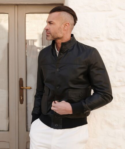Black Buttoned Leather Bomber Jacket