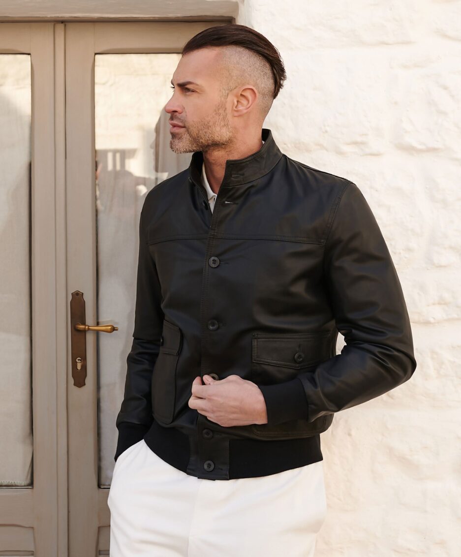 Black Buttoned Leather Bomber Jacket