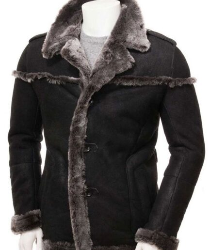 Men's Black Shearling Leather Coat