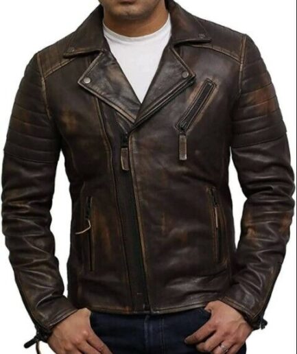 Men's Slim Fit Distressed Brown Leather Jacket