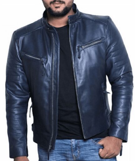 Men's Real Lambskin Navy Blue Biker Jacket