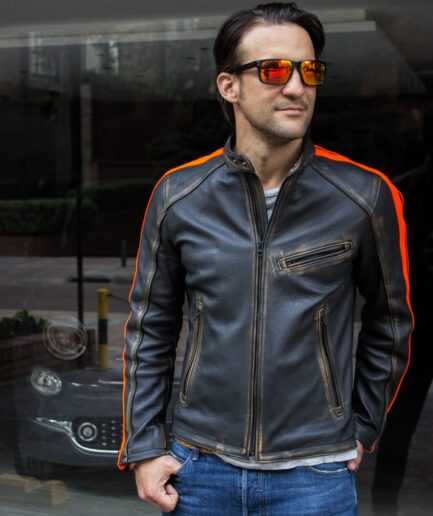 Men's Orange Stripes Distressed Leather Jacket