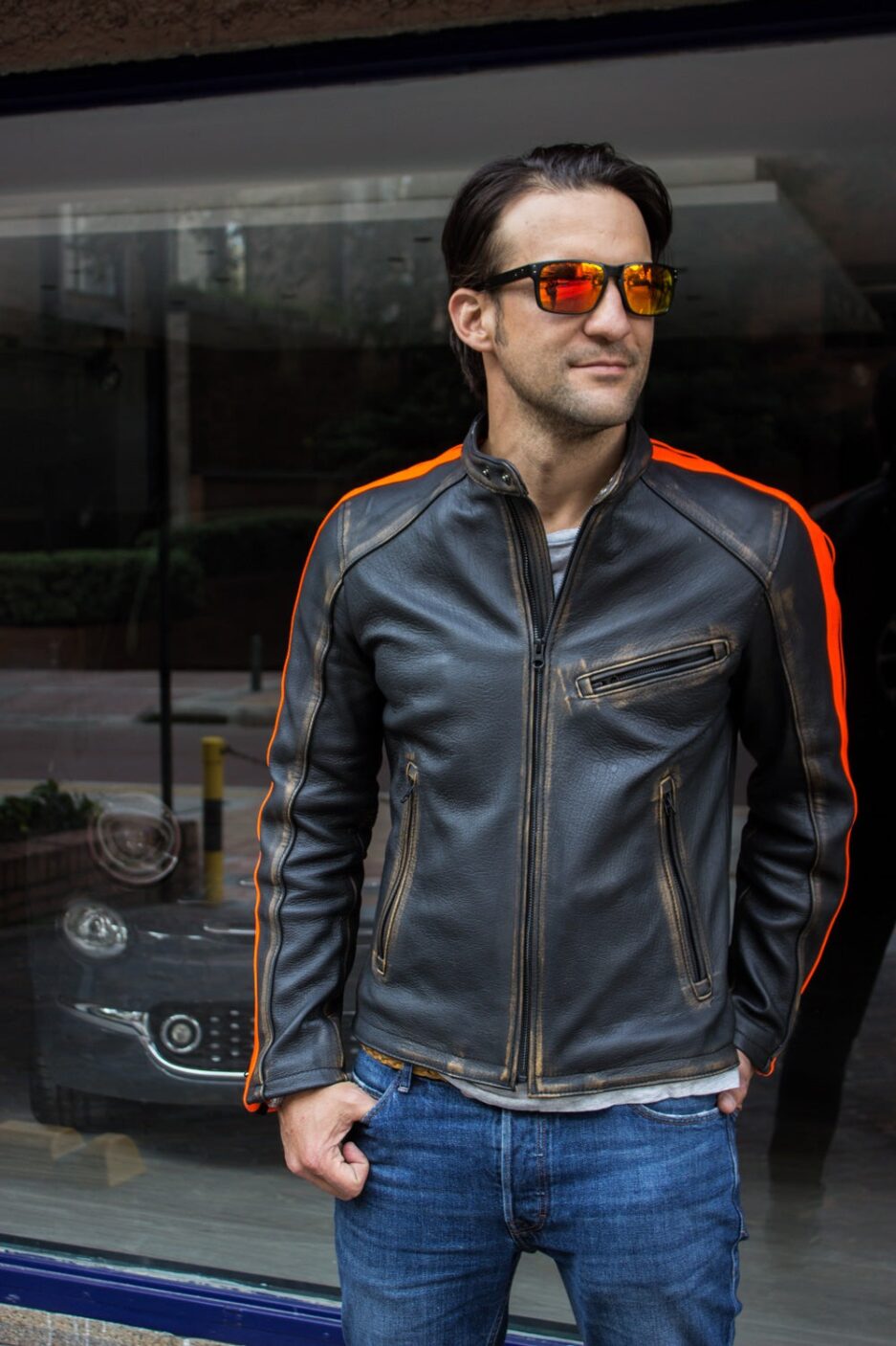 Men's Orange Stripes Distressed Leather Jacket