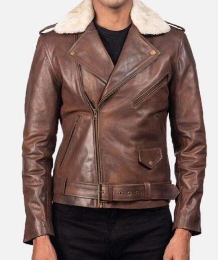 Men’s Brown Leather Motorcycle Jacket With Fur Collar