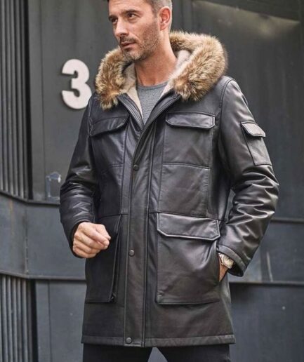 Men's Long Winter Mink Black Leather Overcoat