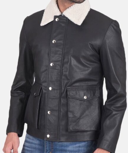 Men's Black Leather Flap Pockets Jacket