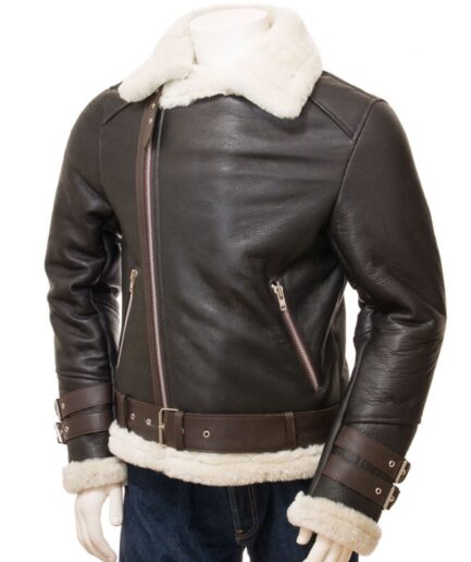 Men’s Biker Belted Shearling Brown Leather Jacket
