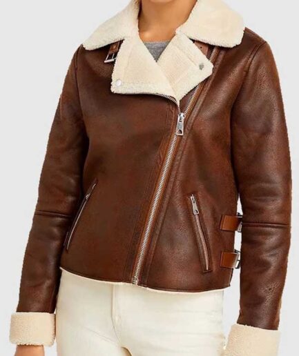 Women’s Brown Leather Motorcycle Shearling Jacket