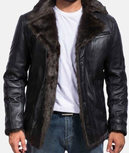 Men's Faux Fur Black Leather Aviator Coat