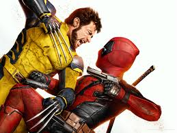  Deadpool and Wolverine facing off in a dynamic pose, with Deadpool holding a gun and Wolverine baring his claws